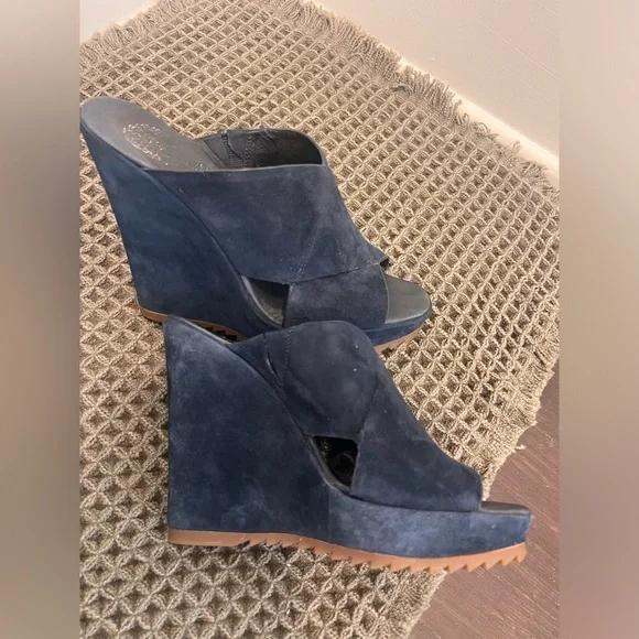 Vince Camuto Navy Blue Suede Wedge Shoes Sandals 7.5 - Picture 6 of 12